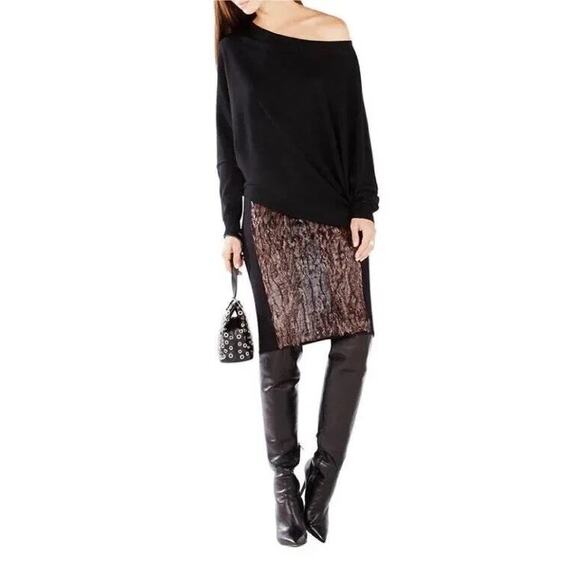 BCBGMaxazria NWT Ines Black & Brown Faux Fur Animal Print Midi Pencil Skirt - Picture 3 of 10